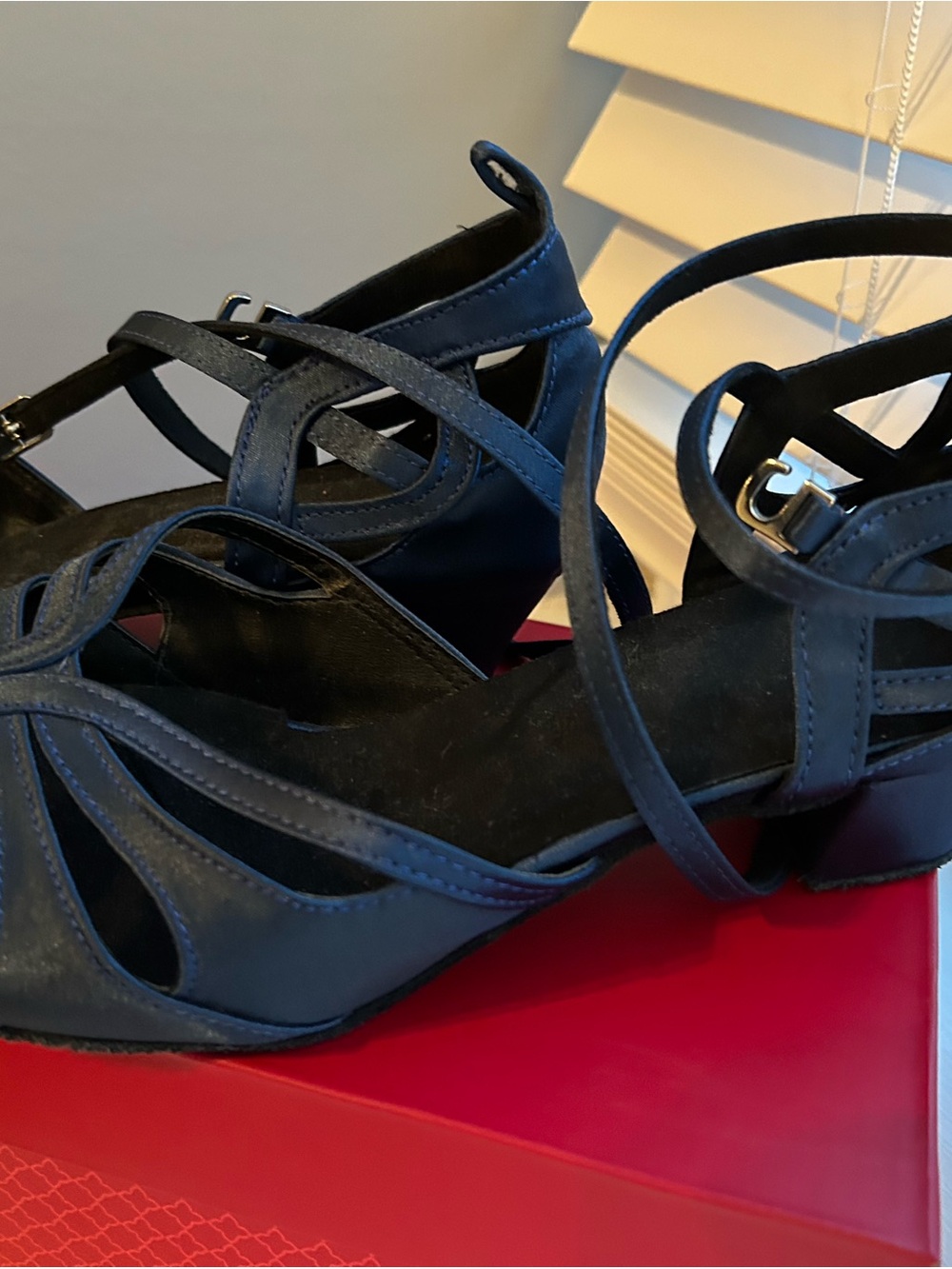 Ballroom Dance Shoes - Women's Navy Strappy Wedge Heels - Picture 2 of 4